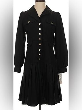 Vintage, Military-Inspired Nanette Lepore Black Long Sleeve Pleated Dress